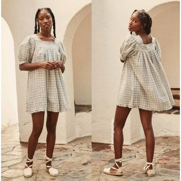 DÔEN Frede Meadowlark Plaid Babydoll Short Mini Dress Size M - Picture 2 of 13